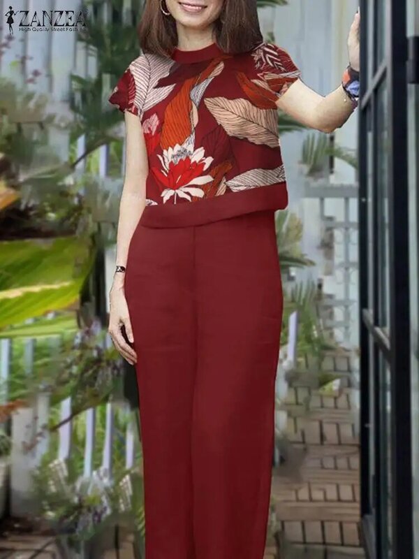 ZANZEA 여성용 우아한 바지 세트, 캐주얼 휴가 데일리 매칭 세트, 꽃무늬 반팔 블라우스, 솔리드 팬츠, 2 피스 의상, 여름