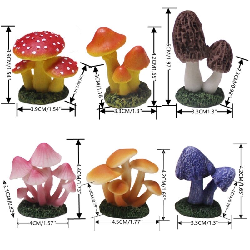 Zestaw 6 unikalnych modeli grzybów. Różnorodne rzeźby żywicy do domowego biura