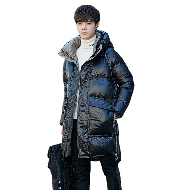 New Winter White Duck Jacket Men Long Type Thickening Trendy Handsome Warm Hooded Down Coat Black Loose Fitting Overcoat
