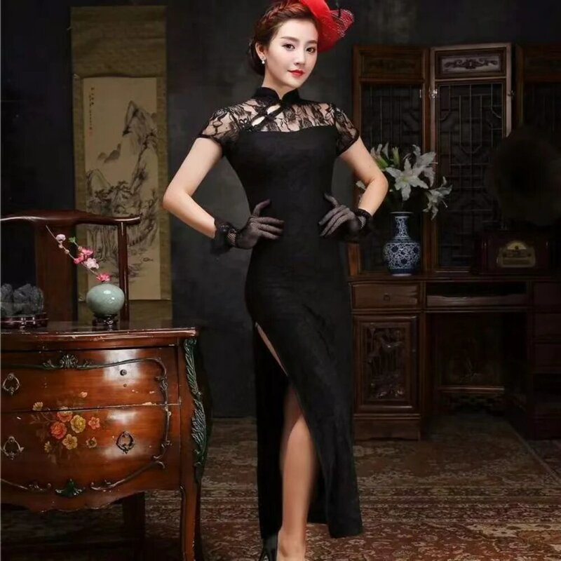 Mode Cheongsam Renda Elegan Wanita Tanpa Lengan Gaun Cina Wanita Elegan Vestidos Wanita Klub Seksi Seragam Pesta Bodycon