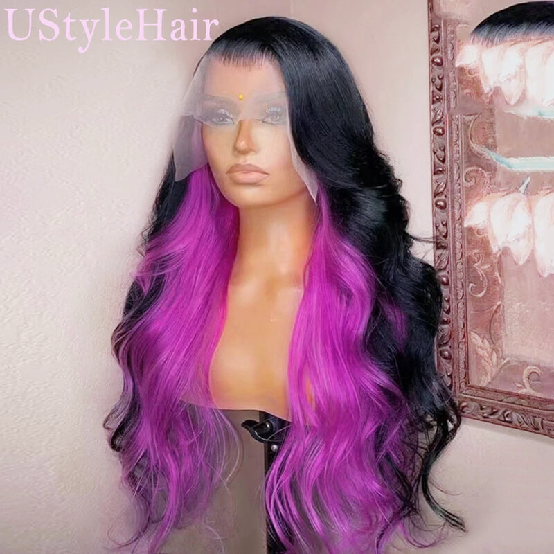UstyleHair-Perruque Lace Front Wig synthétique bouclée, perruques Body Wave, naissance des cheveux naturelle, moitié noire et rose, pour femmes