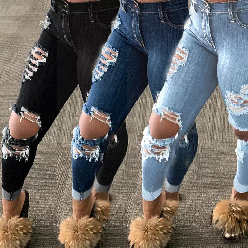 Korean Fashion Slim Fit Jeans Women Midi-waist Solid Color Ripped Hole Tassel Stretch Denim Pencil Long Trousers Casual Pants