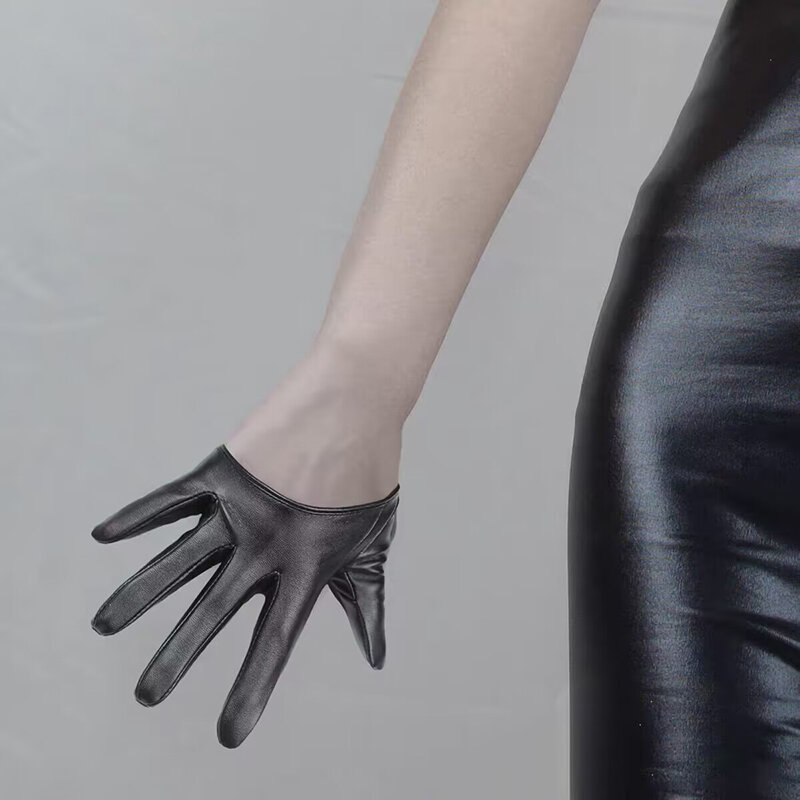 1 para modnych kobiet obcisłych pełne rękawiczki imitacja skóry PU seksowna pół rękawiczki występ na imprezie czarne krótkie rękawiczki