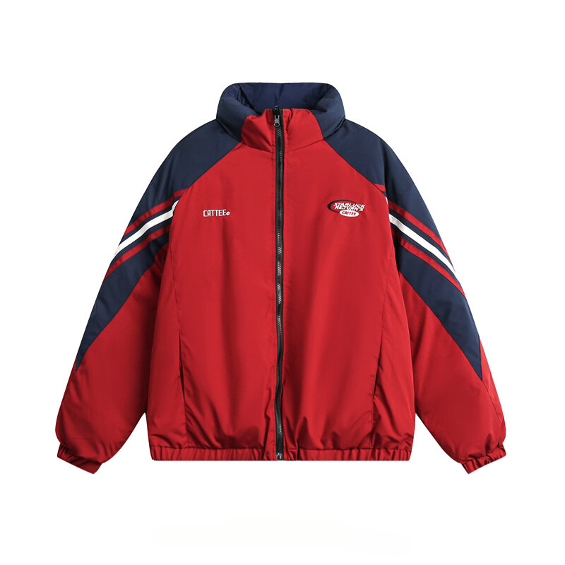 남성용 아메리칸 레트로 양면 스탠드 칼라 코튼 코트, 따뜻한 두꺼운 대비 색상 작업복 파카 재킷, 가을 겨울