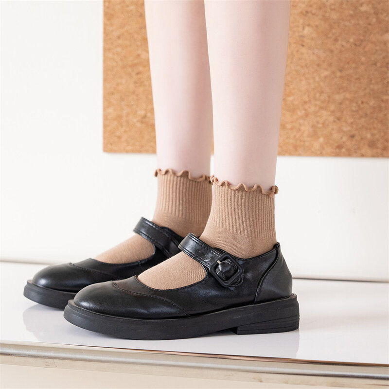 Calcetines cortos transpirables de estilo japonés para mujer, medias lisas Kawaii con volantes, informales, 3 pares/lote