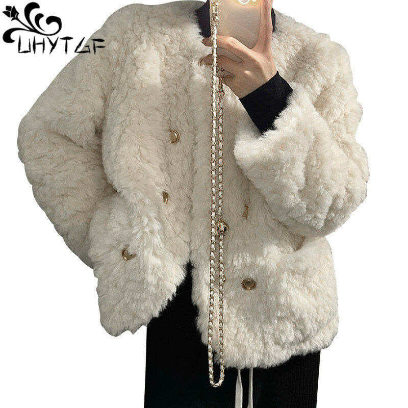Abrigo de lana de cordero para mujer, chaqueta gruesa y cálida de piel sintética mezclada, color blanco, a la moda, otoño e invierno, 2357
