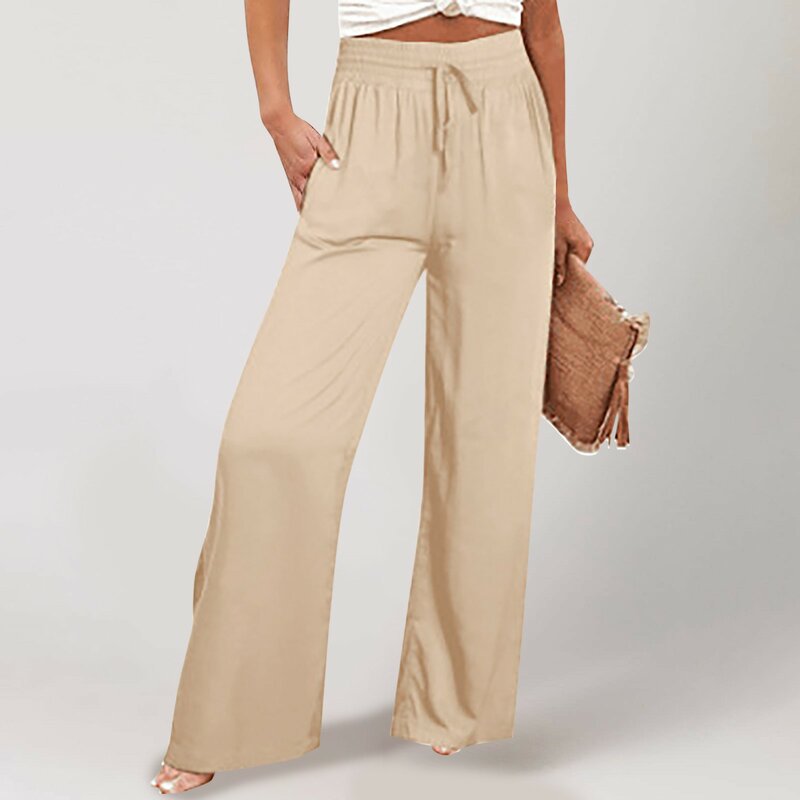 Women Wide Leg Pants Drawstring Elastic Waist Solid Color Trousers Spring Summer Office Lady Cotton Linen Loose Casual Long Pant