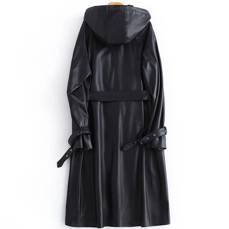 2024 Autumn Black Long Leather Trench Coat for Women with Hood Long Sleeve Belt Spring Waterproof Pu Leather Raincoat