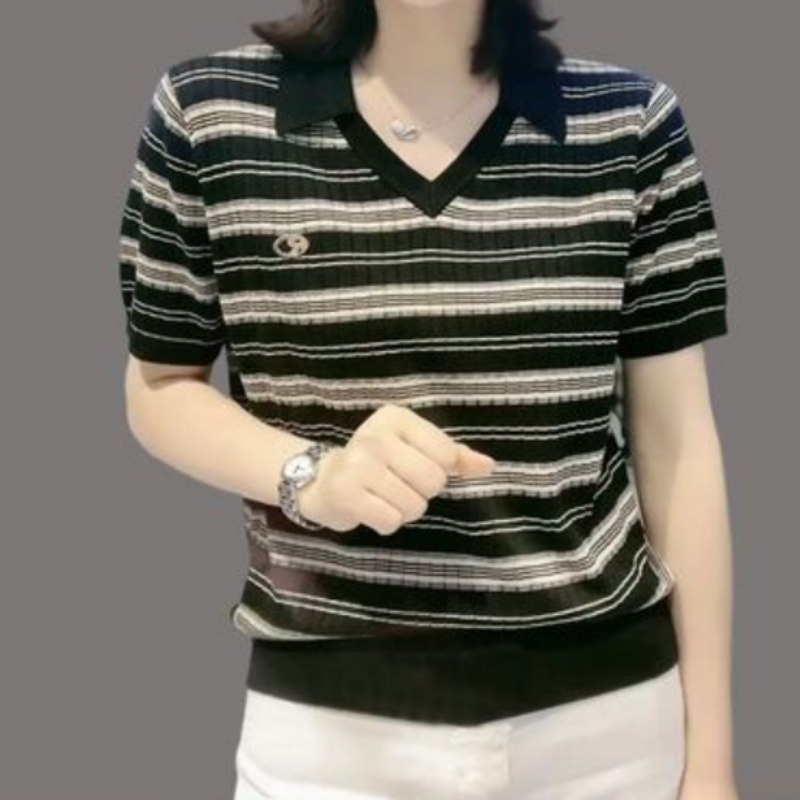 Summer New Slim Versatile Unique Striped T-shirt Women's Polo Neck Panelled Elastic Fashion Korean Ice Silk Short Sleeved Top