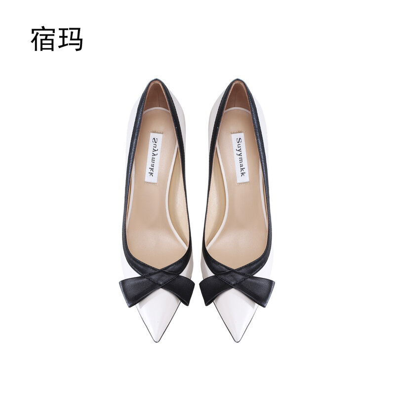 2023 New Bowknot Fashion High Heels Sexy Women's Versatile Pointed Pumps Genuine Leather Matte Designer Office Women's Shoes 41