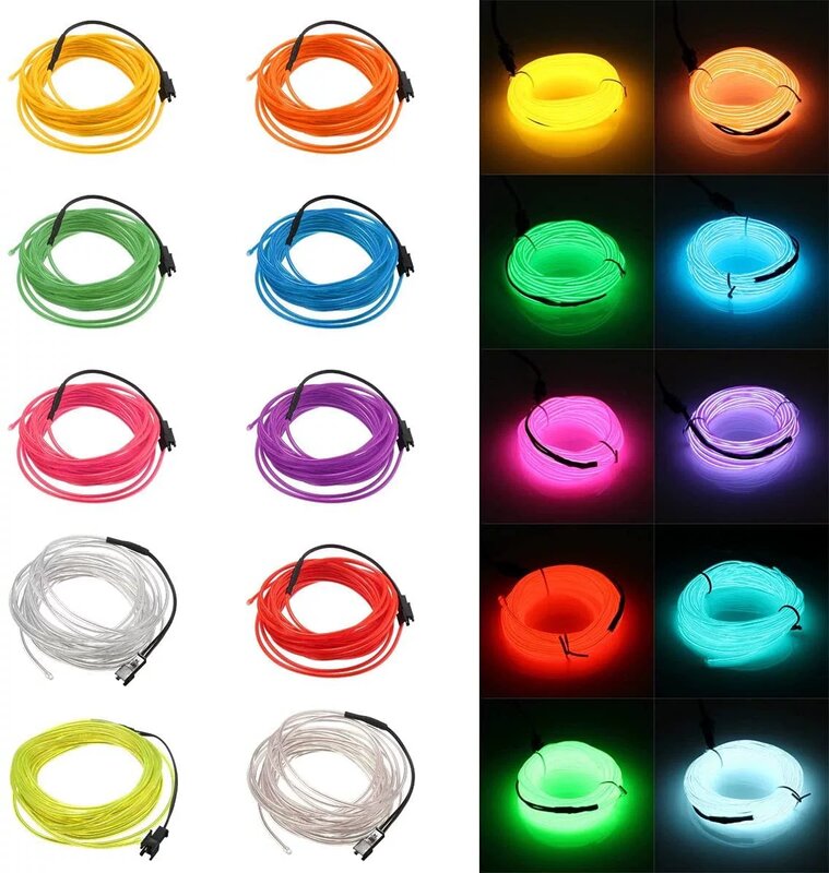EL Wire Light Strip com interruptor USB, Neon Glowing String Lights, DIY Rope Tube, Halloween Blacklight, Decoração Multicolor, Bateria, 10 m, 5 m, 3 m, 1m