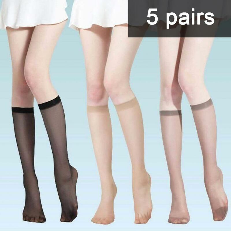 5 Paar Vrouwen Kousen Ultra-Dunne Doorzichtige Hoge Elasticiteit Anti-Slip Sokken Ademende Snelle Droge Dame Kuit Lengte Lange Sokken