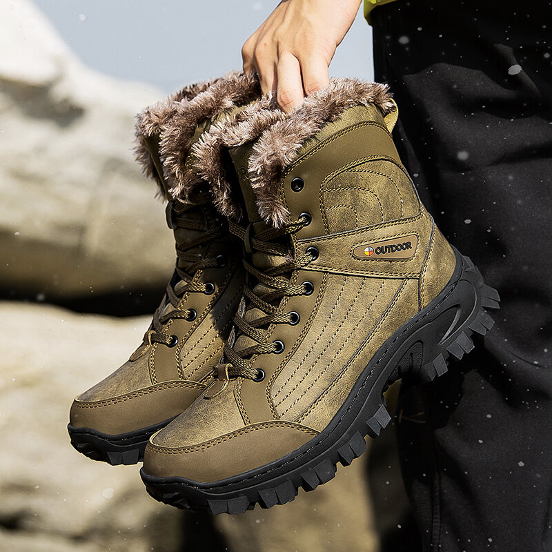 HIKEUP في الهواء الطلق حذاء للسير مسافات طويلة مبطن عالية الجودة الدافئة أحذية قطنية غير رسمية الرجال التكتيكية العسكرية الثلوج الأحذية جلد طبيعي