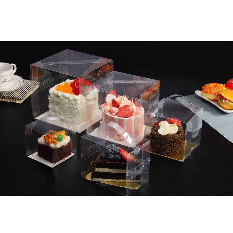 Produk kustom ulang tahun mewah rendah kotak empat inci kotak portabel transparan sekali pakai kue kecil plastik Des