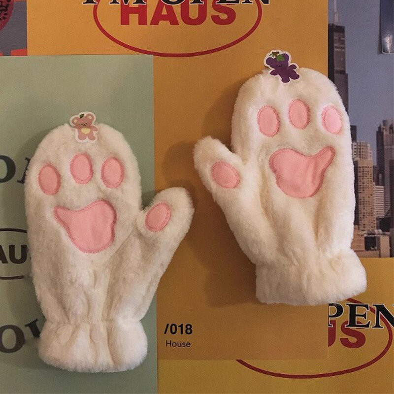 Women Cute Cat Claw Paw Gloves Plush Mittens Warm Soft Plush Short Fingerless Fluffy Bear Cat Gloves Costume Half Finger Party