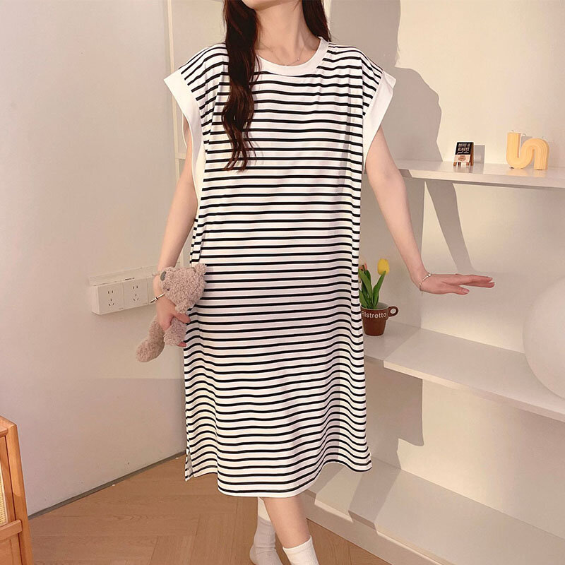 2024 Summer Women Modal Striped Nightgowns With Bra Pad Ladies Casual Loose Home Clothes Sleeveless Sleepwear Female Nightdress