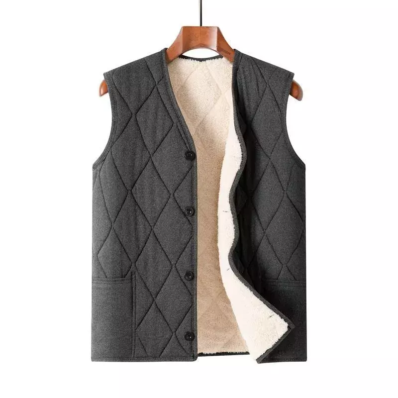 Autumn Winter waistcoat Men Lamb Fleece Coat Vest Button Cardigans Thicken Warm Solid V-Neck Casual Versatile Plaid Jackets