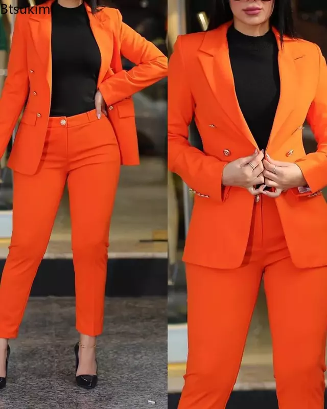 Setelan jaket dan celana wanita, Blazer polos dua potong, Set celana kantor Formal wanita baru 2024