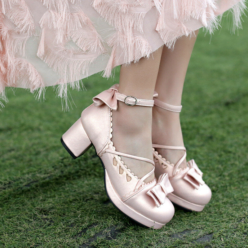 Zapatos de tacón alto para niñas y mujeres, zapatos de escuela Mary Jane de Japón, zapatos de fiesta de boda, zapatos de princesa Lolita con lazo, 30-43