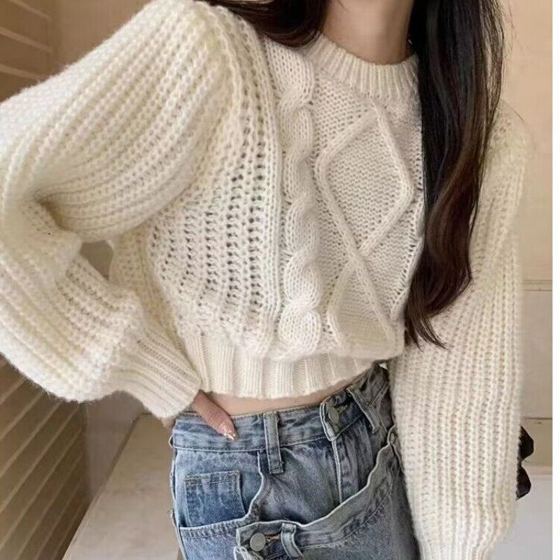 Vintage Short Pullovers Women O-neck Knitted Slouchy New Autumn Winter Twist Solid All-match Streetwear Chic Female Ulzzang