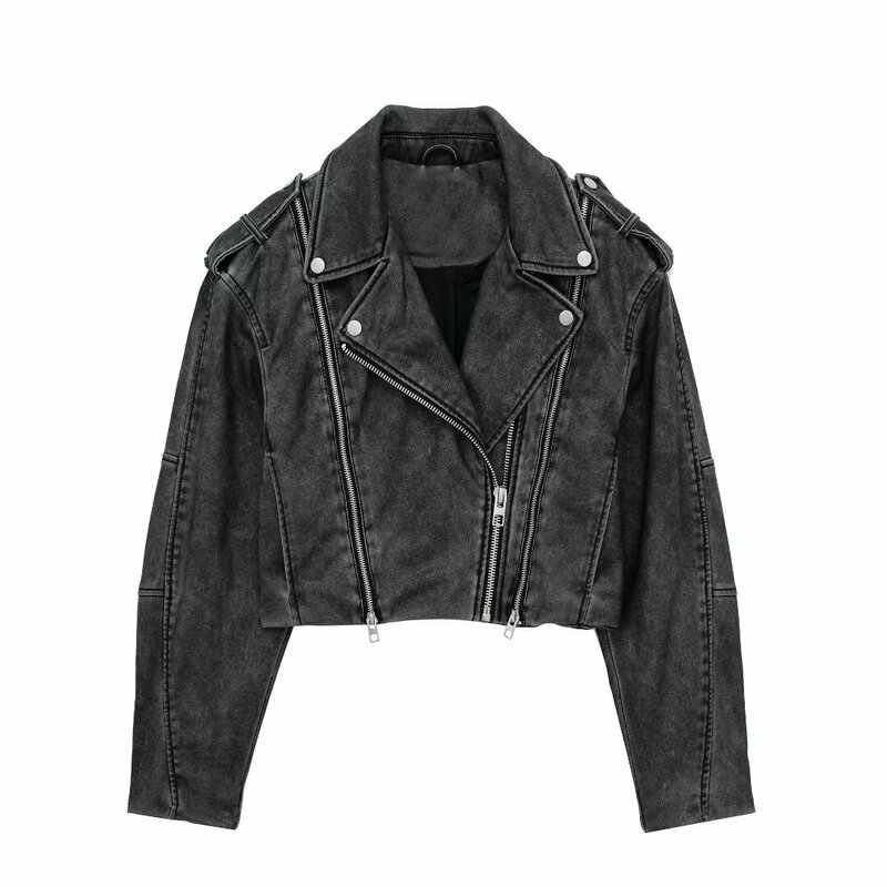 Women New Fashion Obsolescence effect Cropped Faux leather Locomotive style Jacket Coat Vintage Zipper Female Outerwear Chic Top