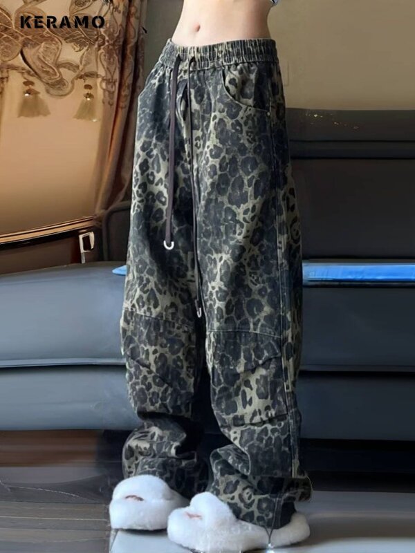 Pantalones de mezclilla holgados de pierna ancha para mujer, pantalones de leopardo, Retro, cintura elástica, Vintage, Y2K, 2000s