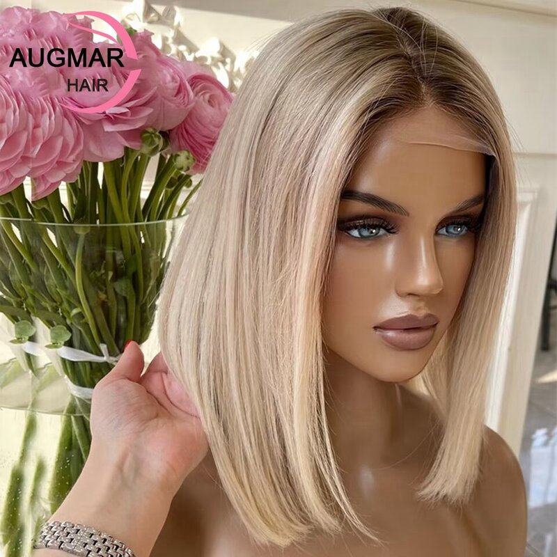 Short Bob Wig Human Hair Lace Frontal Wig 13x4 Silk Top Lace Front Wig Glueless Highlight Brown Blonde Human Hair Wigs For Women