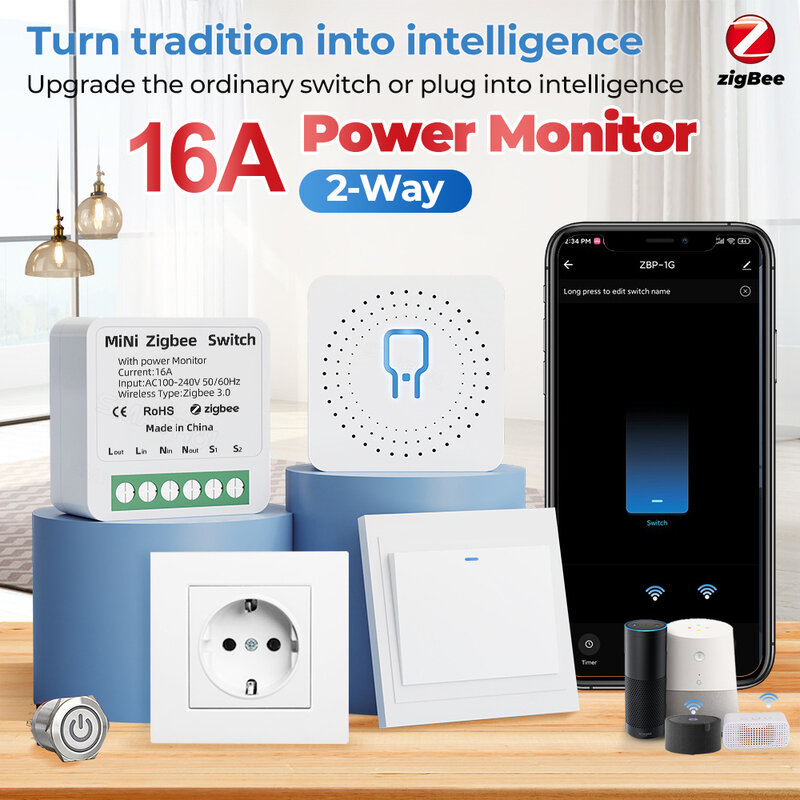 Tuya ZigBee WiFi Smart Switch with Power Monitor 16A DIY Relay Voice Control Smart Home Automation Kits for Alexa Google Alice