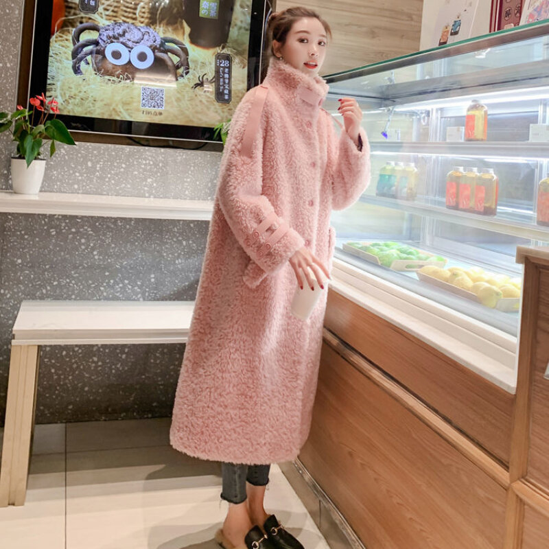 Casaco de pele real de alta qualidade das mulheres casacos de lã engrossar quente elegante solto grande tamanho longo outerwear casaco de inverno para mulher e538