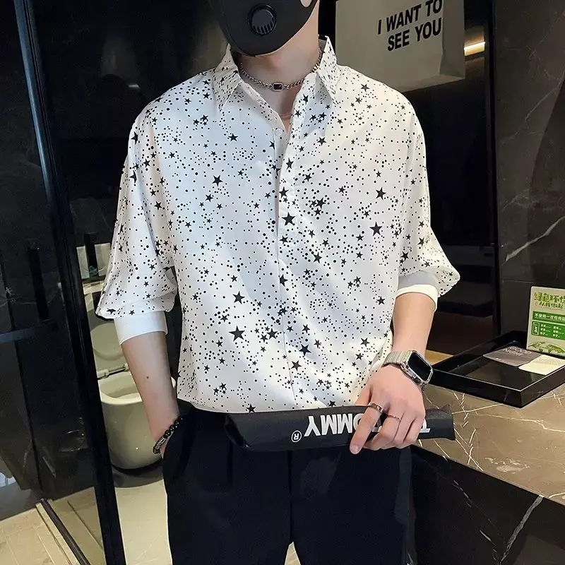 Male Shirts Graphic Oversize Dot with Sleeves Men's Shirt Summer Button Up New in Tops Social Fashion 2024 Cool Slim Fit Hipster