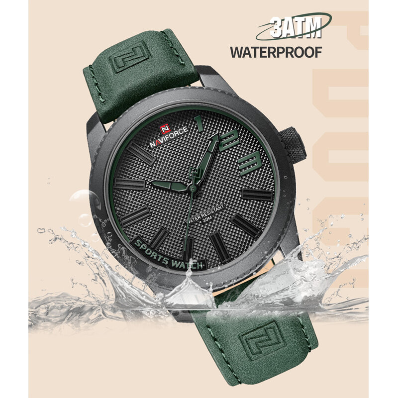 NAVIFORCE-Marca de luxo masculina relógio de couro genuíno, relógio simples, 30m impermeável relógio de pulso, relógios esportivos masculinos