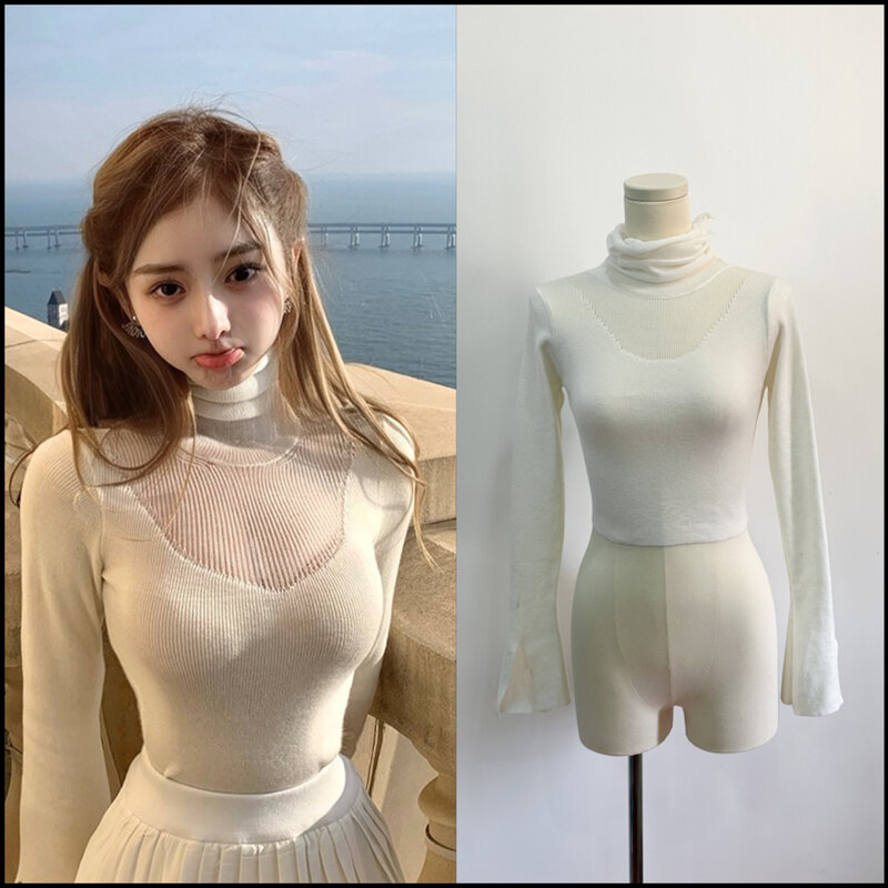Miiiix baju rajut gaya Korea untuk wanita, baju rajut leher tinggi Slim Fit bagian dalam musim gugur/musim dingin, atasan Pullover kemeja