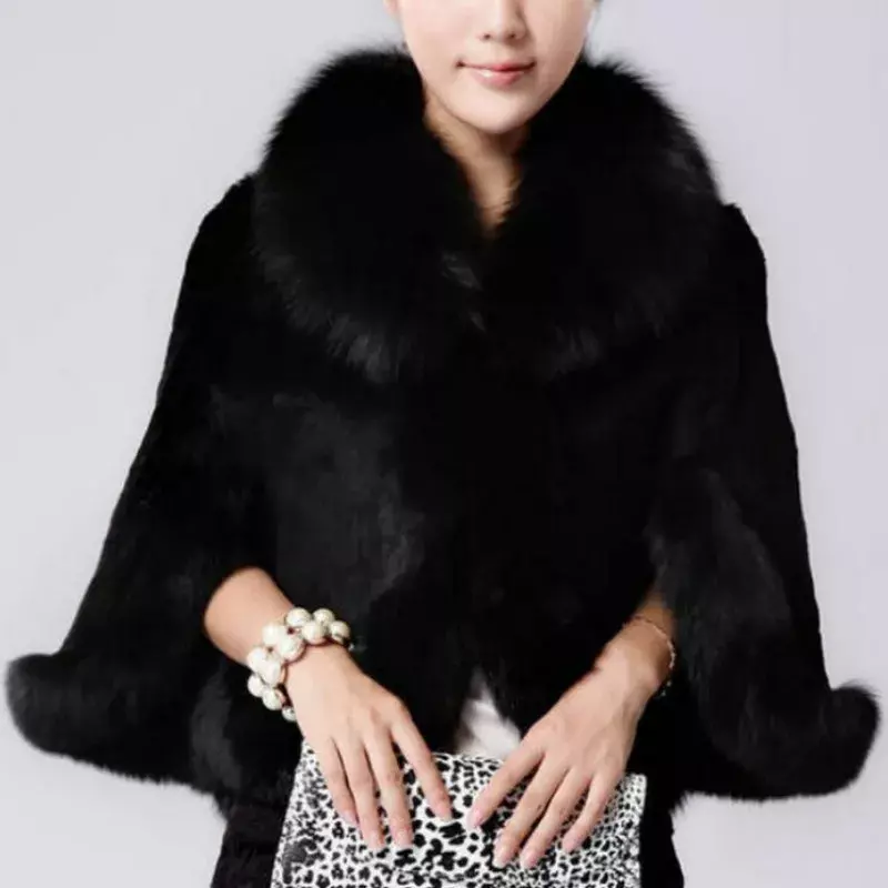 Modna czarna peleryna krótka zimowa kurtka ze sztucznego futra elegancka imitacja królika ze sztucznego kołnierza płaszcz ze sztucznego futra miękki płaszcz z futra z norek