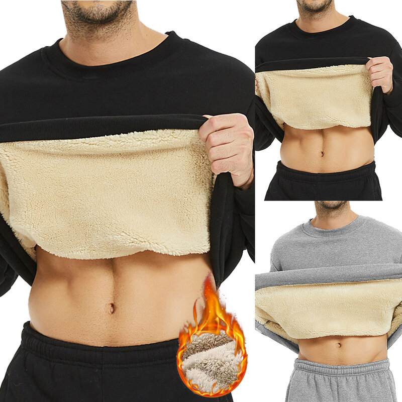 Camiseta de lã quente forrada masculina moletom grosso com gola O, roupa interior térmica, tops de manga longa, pulôver de cor sólida