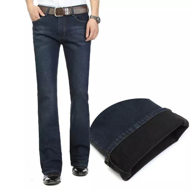 Free Shipping 2024 High Quality Men Winter Worm Fleece Blue Boot Cut Jeans Business Casual Flare Pants Mid Waist Velvet Trousers
