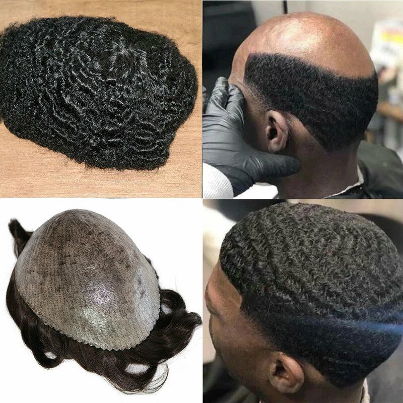 Peruca afro apertada encaracolada para homens, toupee super durável, plutônio cheio, pele fina, cabelo humano, sistema de prótese, 10mm