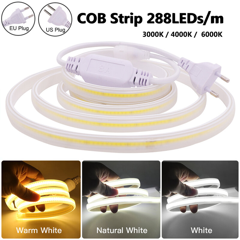 110V 220V COB LED Strip Light 288LEDs/m High Safety Waterproof Outdoor Garden Lamp RA90 Warm/ Natural/ Cold White for Home Decor