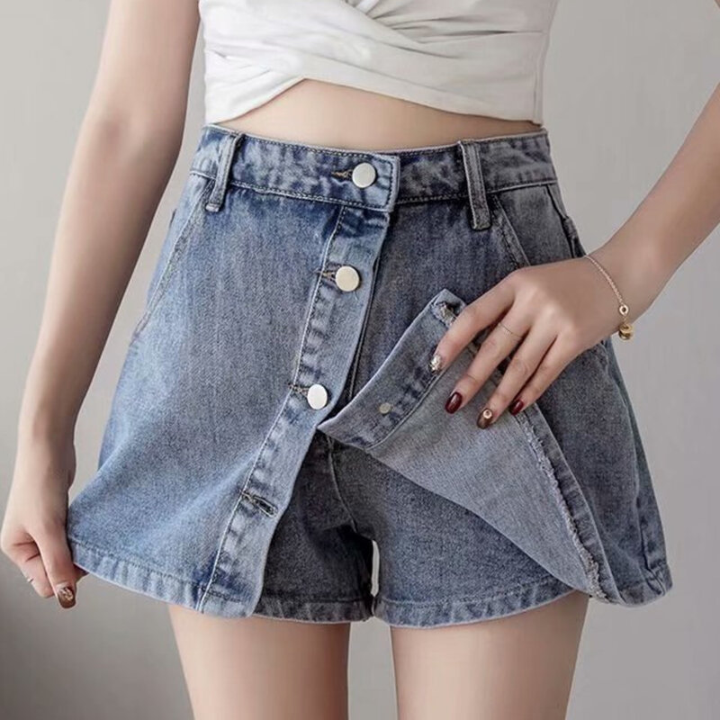 Feynzz Fashion New Summer Women High Waist Button Wigh Leg Jeans Shorts Casual Female Loose Fit Blue Denim Shorts