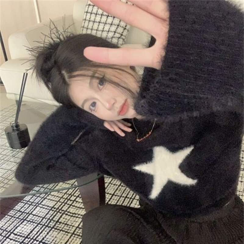 풀오버 여성 라운드넥 크롭 블랙 스웨터, 한국 패션 디자이너 소녀 청소년 스트리트웨어 개인 겨울 기본 니트