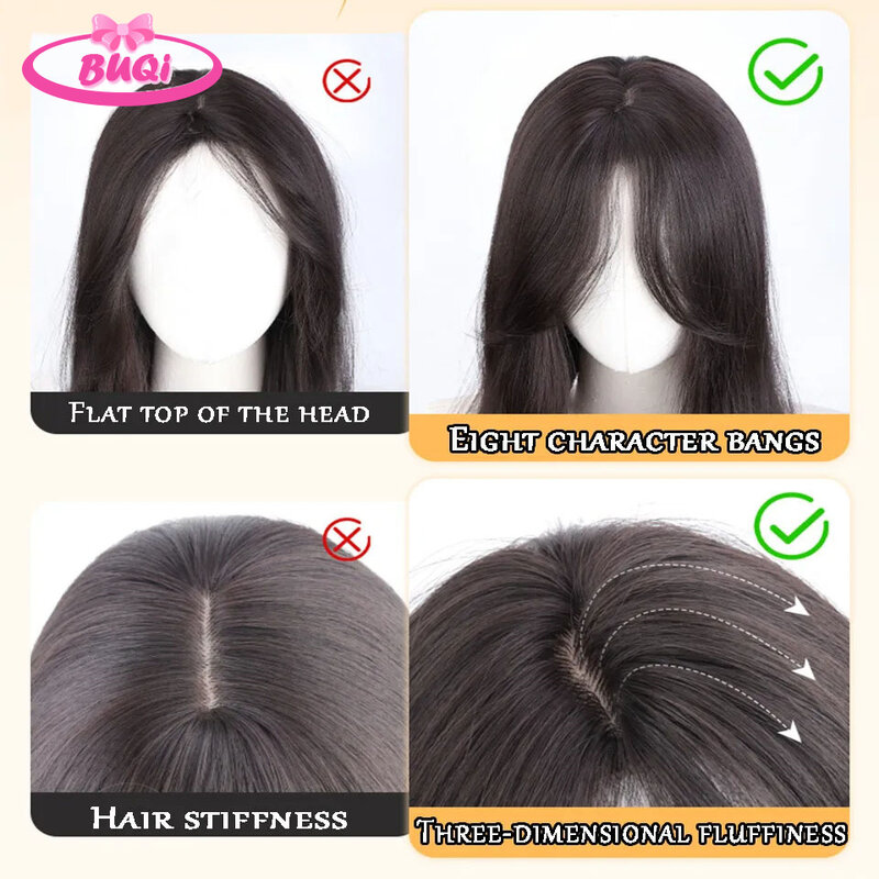 BUQI Wig sintetis lurus panjang dengan poni, Wig rambut hitam gelap untuk wanita, Wig rambut Cosplay alami tahan panas pesta
