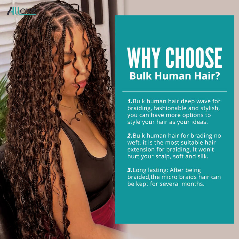 Allove Bulk #4 capelli umani a onde profonde marroni per intrecciare 100% non trattati senza trama estensioni sfuse di capelli umani capelli Remy brasiliani