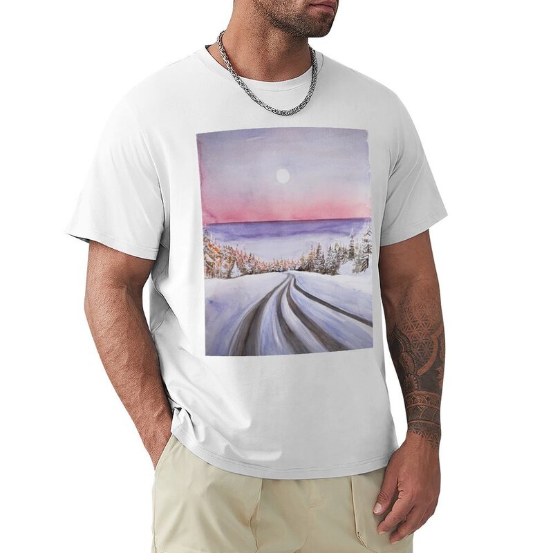 Kaus pemandangan musim dingin sunrise di atas jalan kaus edisi baru pakaian lucu pria