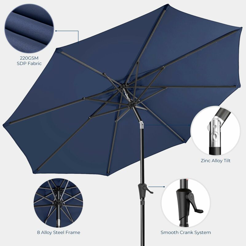 Guarda-chuva com botão e inclinação para pátio ao ar livre, Deck de piscina do mercado, Proteção UV, 8 costelas resistentes, Marinha, UPF50 +, 9ft