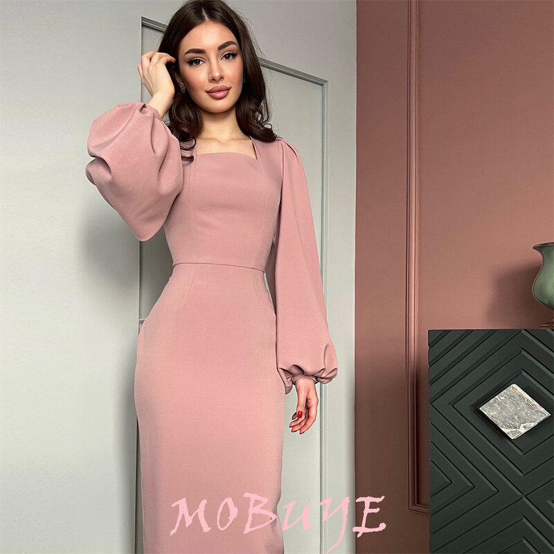 MOBUYE 2024 Popular Square Collar Neck Prom Dress Ankle-Length With Long Sleeves Evening Fashion Elegant Party Dress For Women
