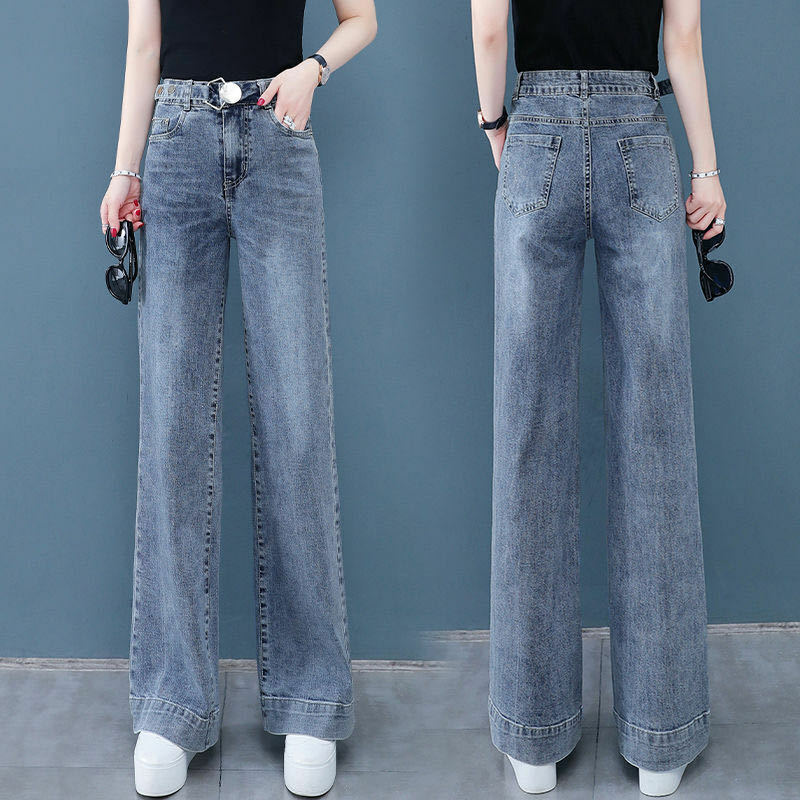 Celana Jeans tipis wanita, celana Denim kaki lurus ramping pinggang tinggi lebar longgar musim panas dan semi 2024