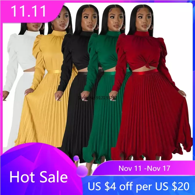 Frühling Herbst afrikanische Kleidung für Frauen afrikanische elegante Langarm O-Ausschnitt einfarbig 2 Stück Sets Top und Röcke afrikanischen Anzug