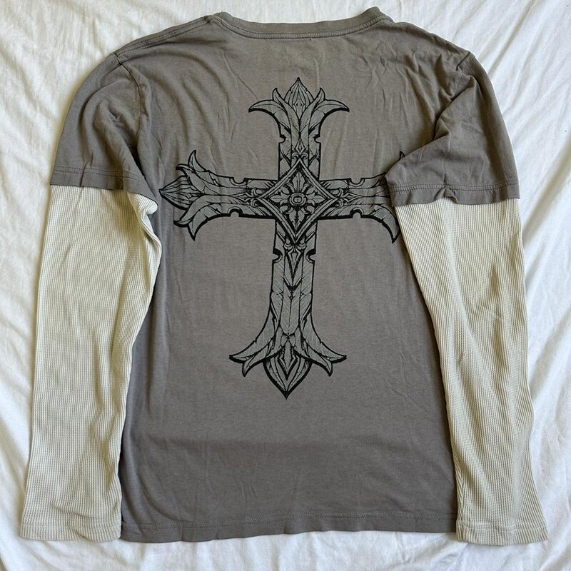 Nadruk krzyż koszulka damska Y2K Cyber Grunge 00s Retro patchworkowa, w stylu Harajuku koszulka z długim rękawem E Girl Gothic Mall Goth bluzki dresowe