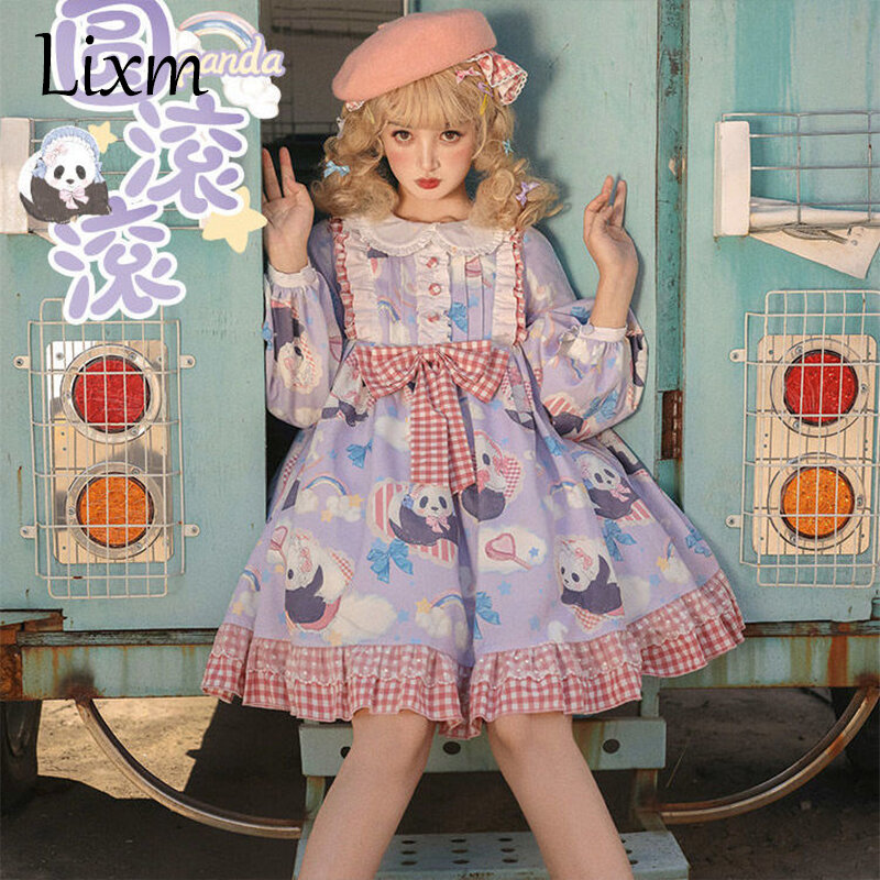 Kawaii Cute Women's Lolita Dress Cartoon Panda Print Sweet Party Harajuku Long Sleeves Doll Dress Fairy Kawaii Lovely Vestidos
