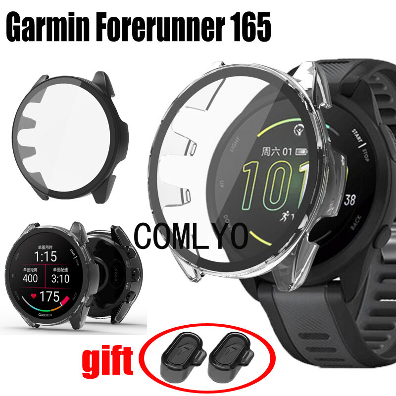 Garmin Forerunner 165 케이스, 강화 유리 스크린 보호대 범퍼 PC 하드 풀 커버 충전 포트, 방진 플러그 캡