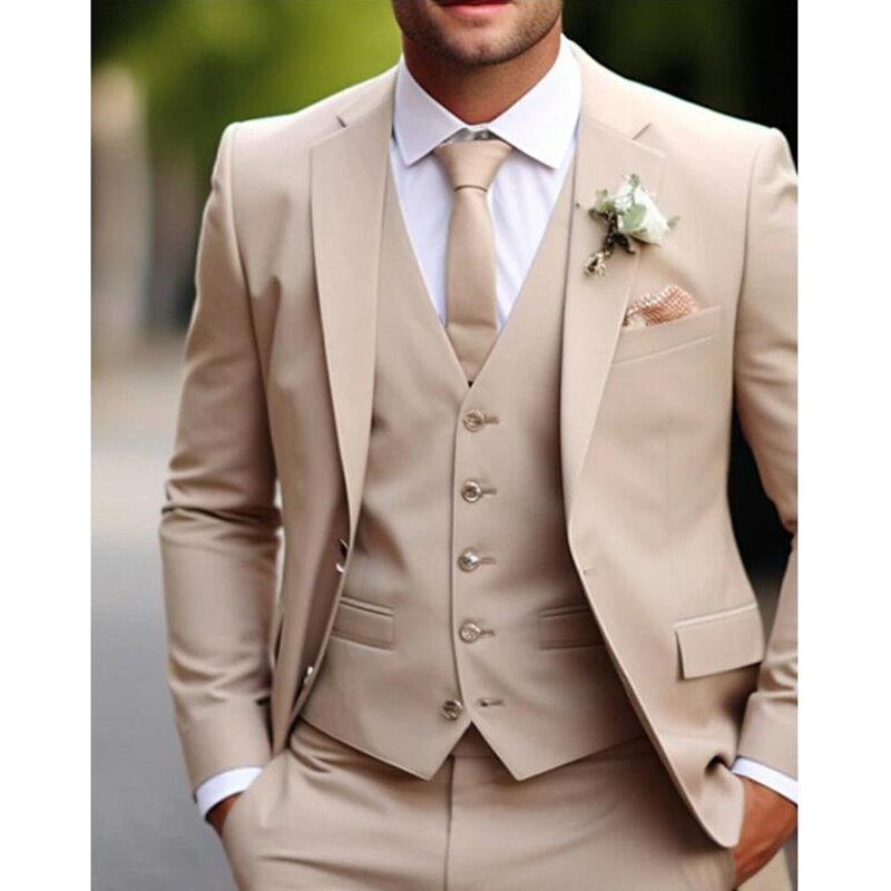 Traje de boda caqui hecho a medida para novio, esmoquin ajustado para fiesta de graduación, chaqueta, chaleco, pantalones, 3 piezas